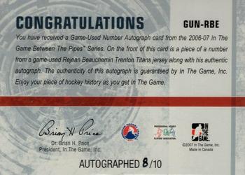 2006-07 In The Game Between The Pipes - Game Used Number Autograph #GUN-RBE Rejean Beauchemin  Back