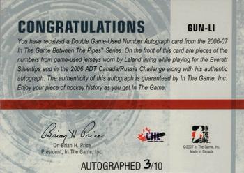 2006-07 In The Game Between The Pipes - Game Used Number Autograph #GUN-LI Leland Irving  Back