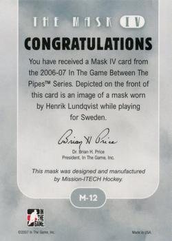 2006-07 In The Game Between The Pipes - The Mask IV Gold #M-12 Henrik Lundqvist  Back