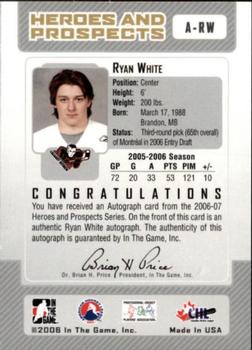 2006-07 In The Game Heroes and Prospects - Autographs #A-RW Ryan White  Back