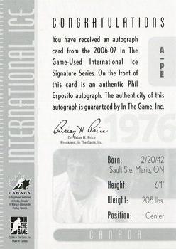 2006-07 In The Game Used International Ice - Autographs #A-PE Phil Esposito Back