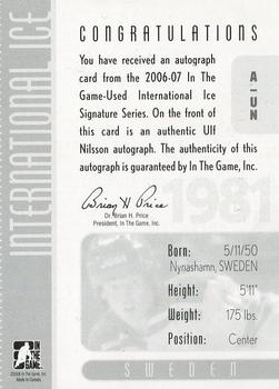 2006-07 In The Game Used International Ice - Autographs #A-UN Ulf Nilsson  Back