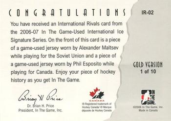 2006-07 In The Game Used International Ice - International Rivals Gold #IR-02 Alexander Maltsev / Phil Esposito  Back