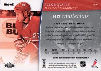 2007-08 Fleer Hot Prospects - Hot Materials #HM-AK Alex Kovalev  Back