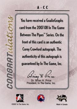 2007-08 In The Game Between the Pipes - Autographs #A-CC Corey Crawford  Back