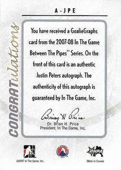2007-08 In The Game Between the Pipes - Autographs #A-JPE Justin Peters  Back