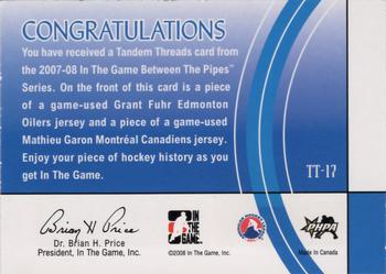 2007-08 In The Game Between the Pipes - Tandem Threads #TT-17 Grant Fuhr / Mathieu Garon  Back