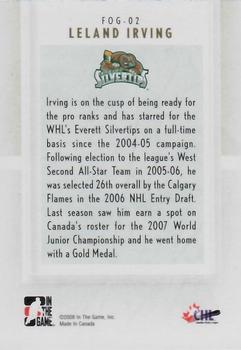 2007-08 In The Game Between the Pipes - The Future of Goaltending #FOG-02 Leland Irving  Back