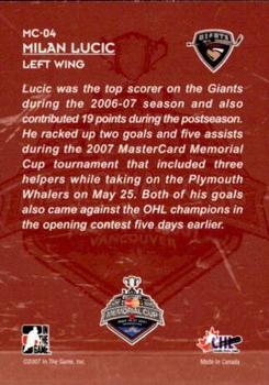 2007-08 In The Game Heroes and Prospects - Memorial Cup Champions #MC-04 Milan Lucic  Back