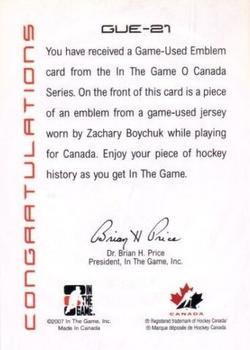 2007-08 In The Game O Canada - Emblems #GUE-21 Zach Boychuk Back