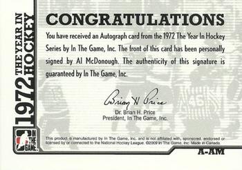 2009-10 In The Game 1972 The Year In Hockey - Autographs #A-AM Al McDonough  Back