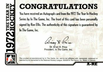 2009-10 In The Game 1972 The Year In Hockey - Autographs #A-RE Ron Ellis Back