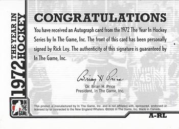 2009-10 In The Game 1972 The Year In Hockey - Autographs #A-RL Rick Ley  Back
