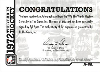 2009-10 In The Game 1972 The Year In Hockey - Autographs #A-SA Syl Apps Back