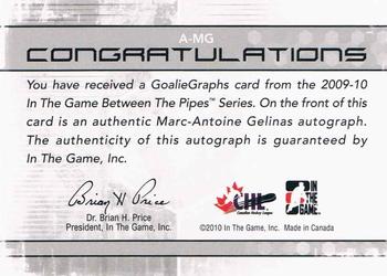 2009-10 In The Game Between The Pipes - Authentic Goaliegraphs #A-MG Marc-Antoine Gelinas  Back