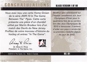 2009-10 In The Game Between The Pipes - Homegrown Black #HG-1 Martin Brodeur  Back