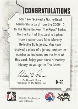 2009-10 In The Game Between The Pipes - Jerseys Black #M26 Mike Murphy  Back
