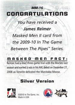 2009-10 In The Game Between The Pipes - Masked Men II Silver #MM-16 James Reimer  Back