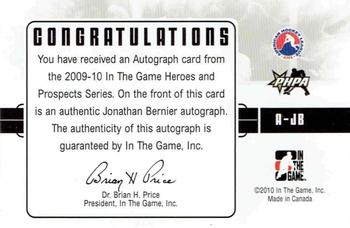 2009-10 In The Game Heroes and Prospects - Autographs #A-JB Jonathan Bernier  Back