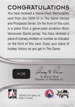 2009-10 In The Game Heroes and Prospects - Game Used Jerseys #M-20 Jonathon Blum Back
