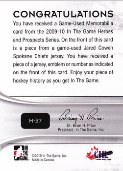 2009-10 In The Game Heroes and Prospects - Game Used Jerseys #M-37 Jared Cowen  Back