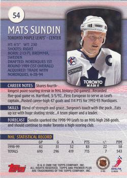 1999-00 Topps Premier Plus #54 Mats Sundin Back