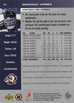 1999-00 Upper Deck Wayne Gretzky #21 Dominik Hasek Back