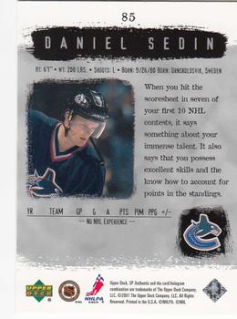 2000-01 SP Authentic #85 Daniel Sedin Back