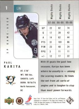 2000-01 SP Game Used #1 Paul Kariya Back