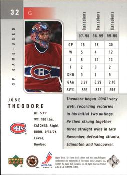 2000-01 SP Game Used #32 Jose Theodore Back