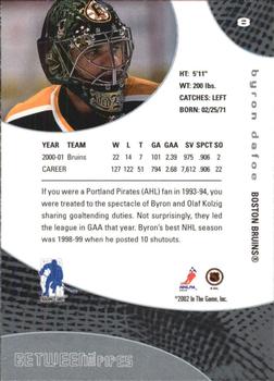 2001-02 Be a Player Between the Pipes #8 Byron Dafoe Back