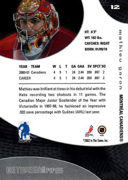 2001-02 Be a Player Between the Pipes #12 Mathieu Garon Back