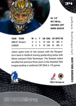 2001-02 Be a Player Between the Pipes #34 Johan Holmqvist Back
