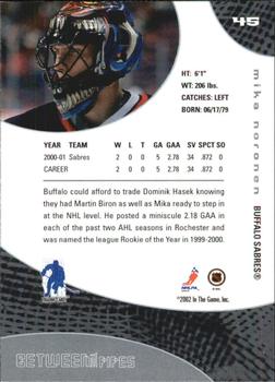 2001-02 Be a Player Between the Pipes #45 Mika Noronen Back