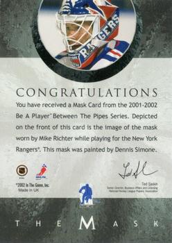 2001-02 Be a Player Between the Pipes - The Mask #NNO Mike Richter Back