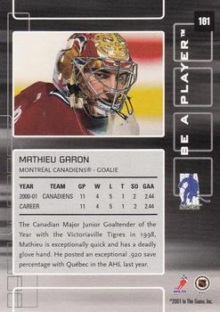 2001-02 Be a Player Memorabilia #181 Mathieu Garon Back