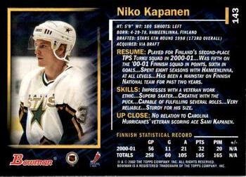 2001-02 Bowman YoungStars #143 Niko Kapanen Back