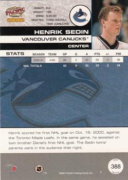 2001-02 Pacific #388 Henrik Sedin Back