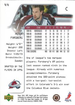 2001-02 Upper Deck MVP #44 Peter Forsberg Back