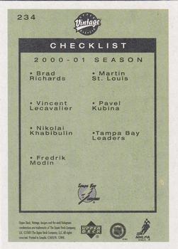2001-02 Upper Deck Vintage #234 Lightning Checklist Back