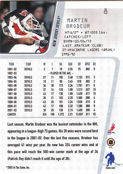 2002-03 Be a Player Between the Pipes #8 Martin Brodeur Back