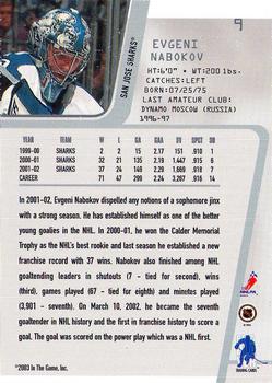 2002-03 Be a Player Between the Pipes #9 Evgeni Nabokov Back