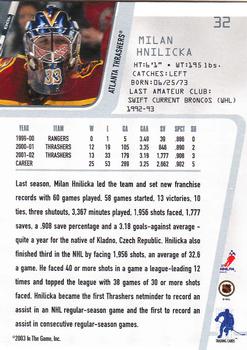 2002-03 Be a Player Between the Pipes #32 Milan Hnilicka Back