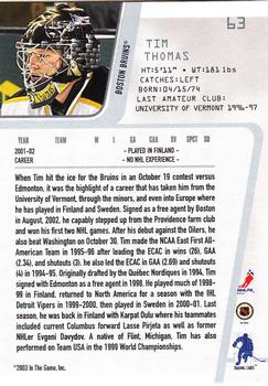 2002-03 Be a Player Between the Pipes #63 Tim Thomas Back