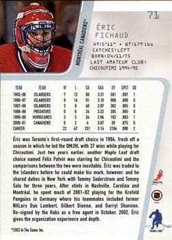 2002-03 Be a Player Between the Pipes #71 Eric Fichaud Back