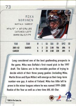 2002-03 Be a Player Between the Pipes #73 Mika Noronen Back
