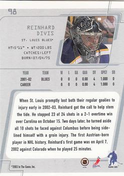 2002-03 Be a Player Between the Pipes #98 Reinhard Divis Back