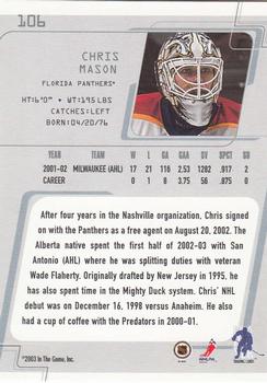 2002-03 Be a Player Between the Pipes #106 Chris Mason Back