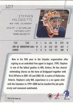 2002-03 Be a Player Between the Pipes #107 Steve Valiquette Back