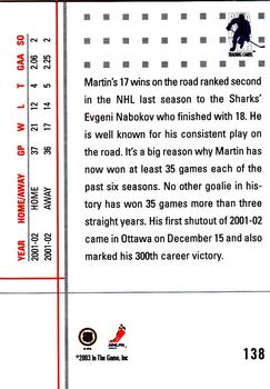 2002-03 Be a Player Between the Pipes #138 Martin Brodeur Back